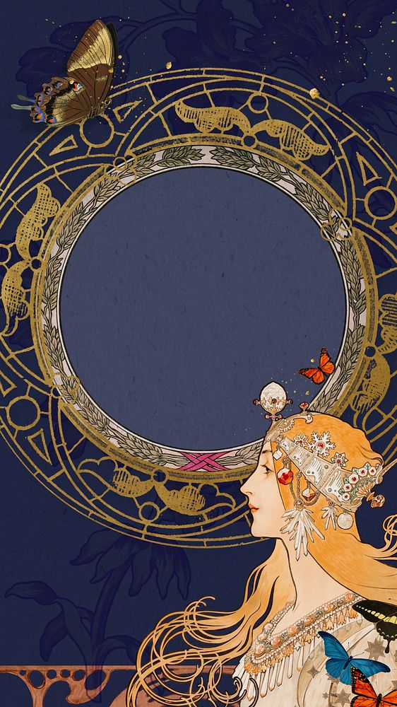 Blue art nouveau frame iPhone wallpaper, Alphonse Mucha's woman illustration. Remixed by rawpixel.