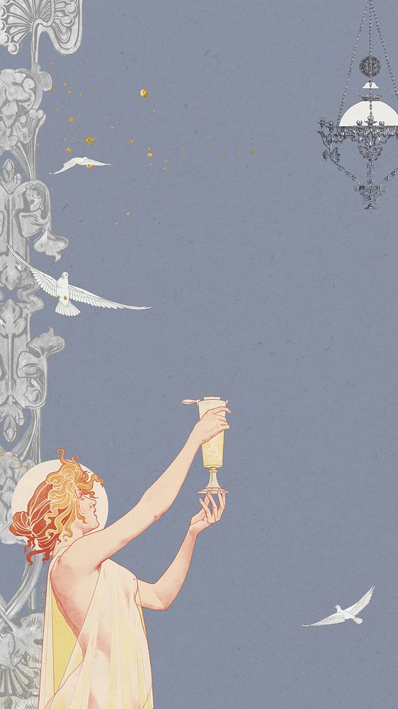 Woman and bird iPhone wallpaper, vintage illustration by Absinthe Robette. Remixed by rawpixel.