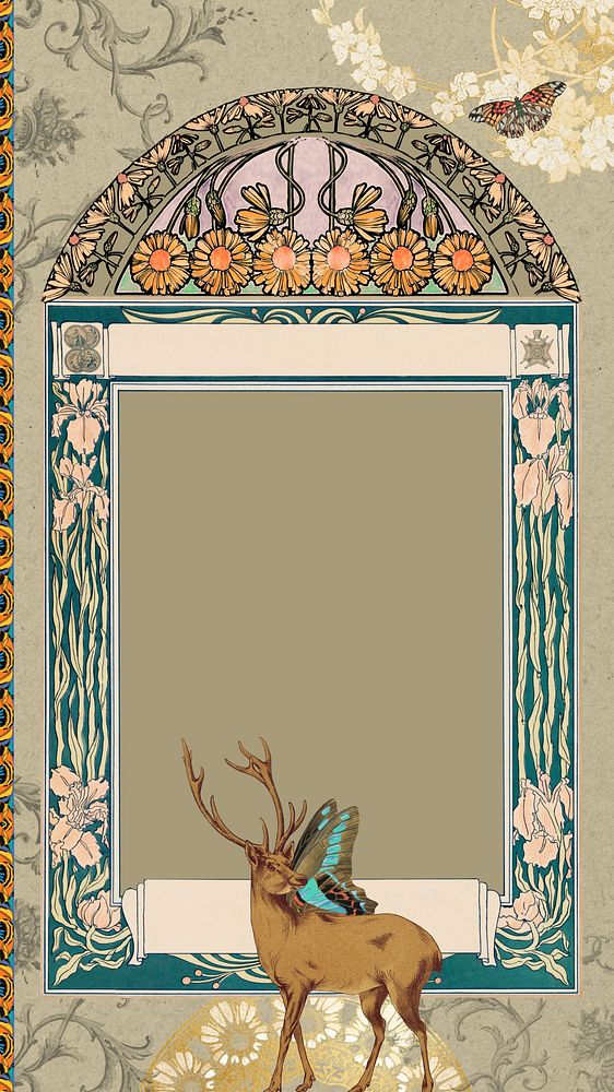 Art nouveau frame iPhone wallpaper, vintage animal ornament. Remixed by rawpixel.