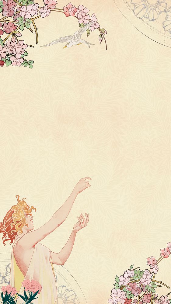 Woman and bird iPhone wallpaper, vintage illustration by Absinthe Robette. Remixed by rawpixel.