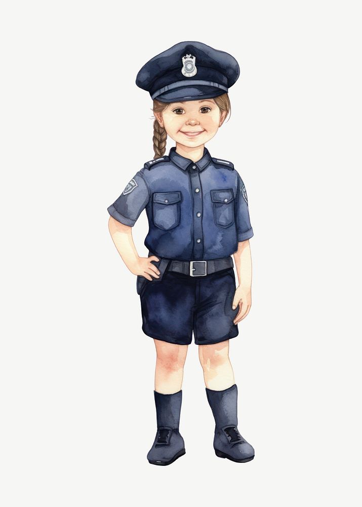 Girl in police costume, watercolor collage element psd