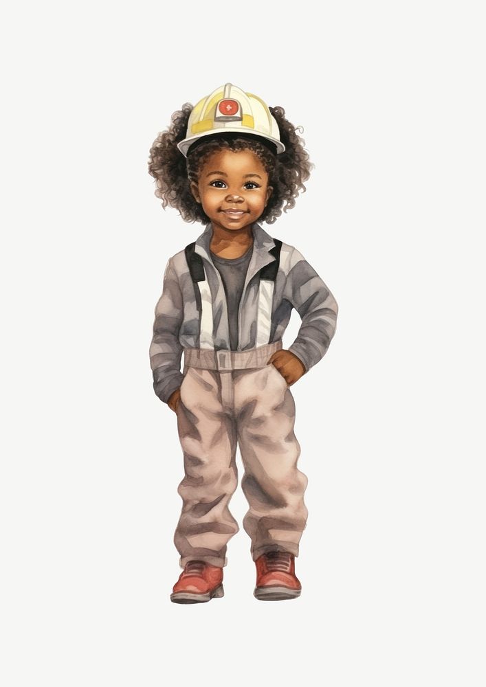 Little firefighter girl, watercolor collage element psd