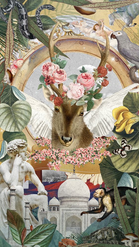 Vintage fantasy animal collage iPhone wallpaper