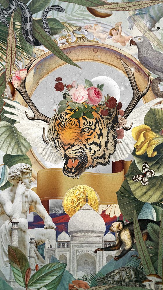 Vintage fantasy animal collage iPhone wallpaper