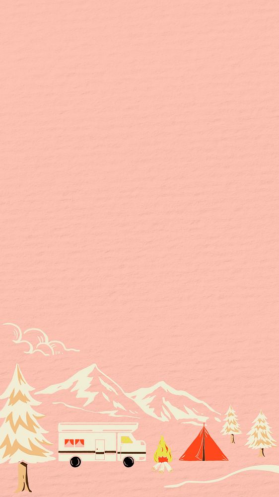 Pink Camping travel iPhone wallpaper, retro illustration