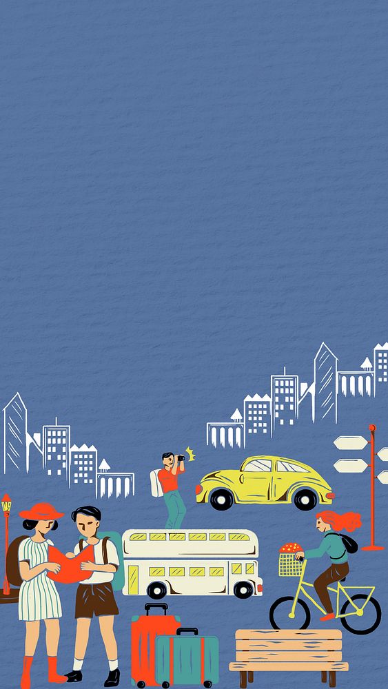 Blue City travel iPhone wallpaper, retro illustration