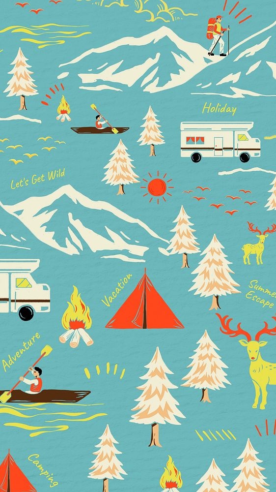 Camping travel pattern iPhone wallpaper, retro illustration