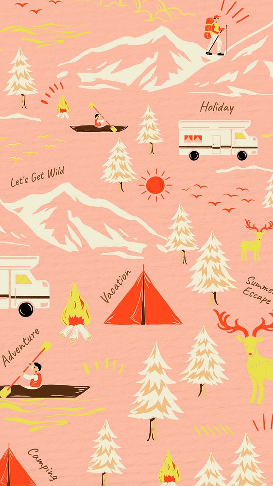  Camping travel pattern iPhone wallpaper, retro illustration
