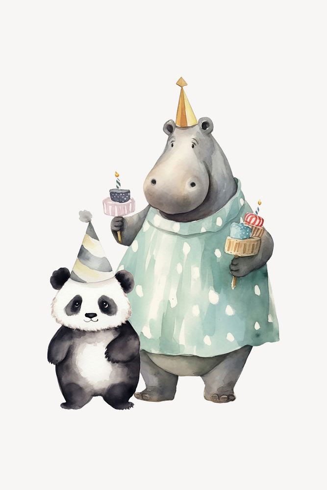 Birthday hippo, animal watercolor illustration