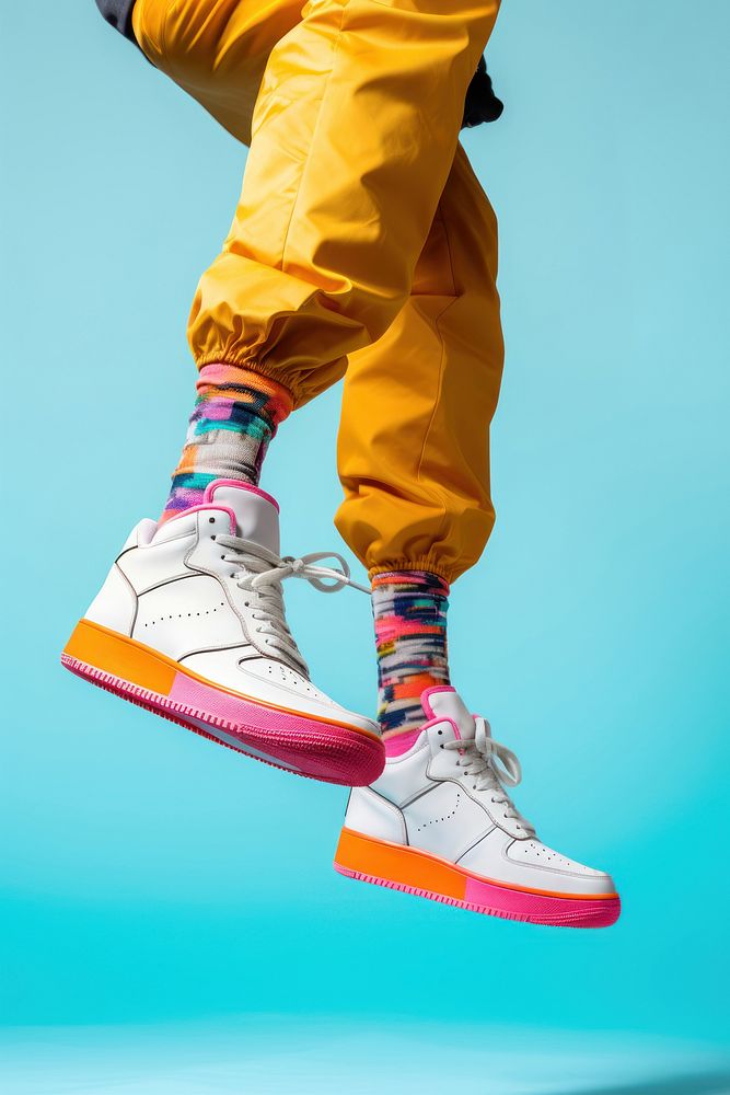 White sneakers, colorful fashion on blue background. .