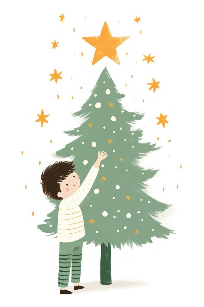 Little boy decorating star on christmas tree cartoon plant child.