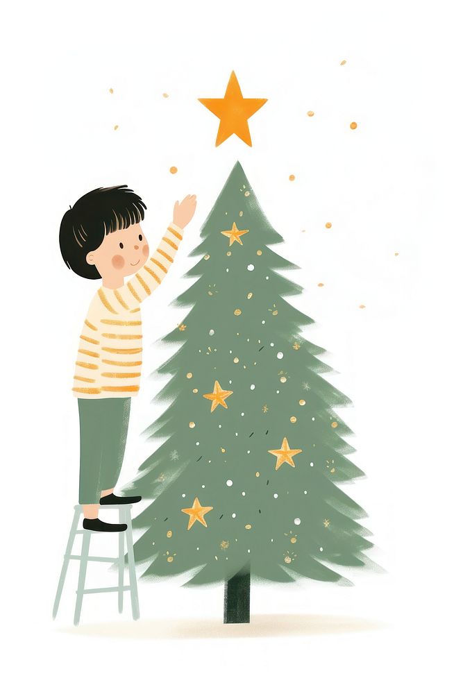 Little boy decorating star on christmas tree cartoon plant anticipation.