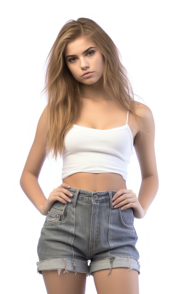 Teen fashion model shorts white background undergarment. AI generated Image by rawpixel.