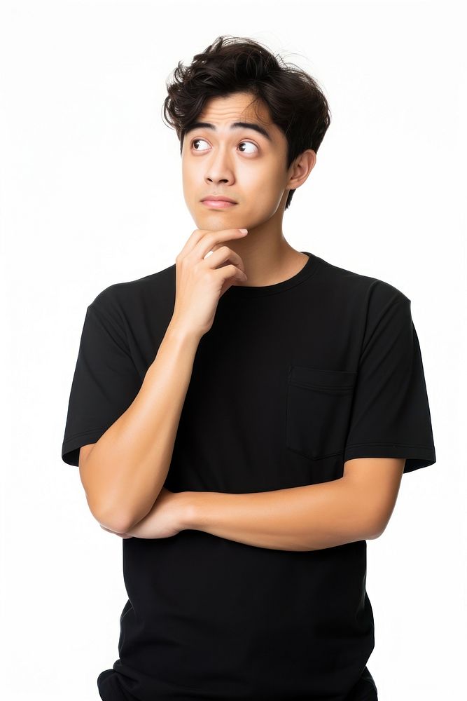 Young asian man making a gesture of doubt portrait t-shirt sleeve.