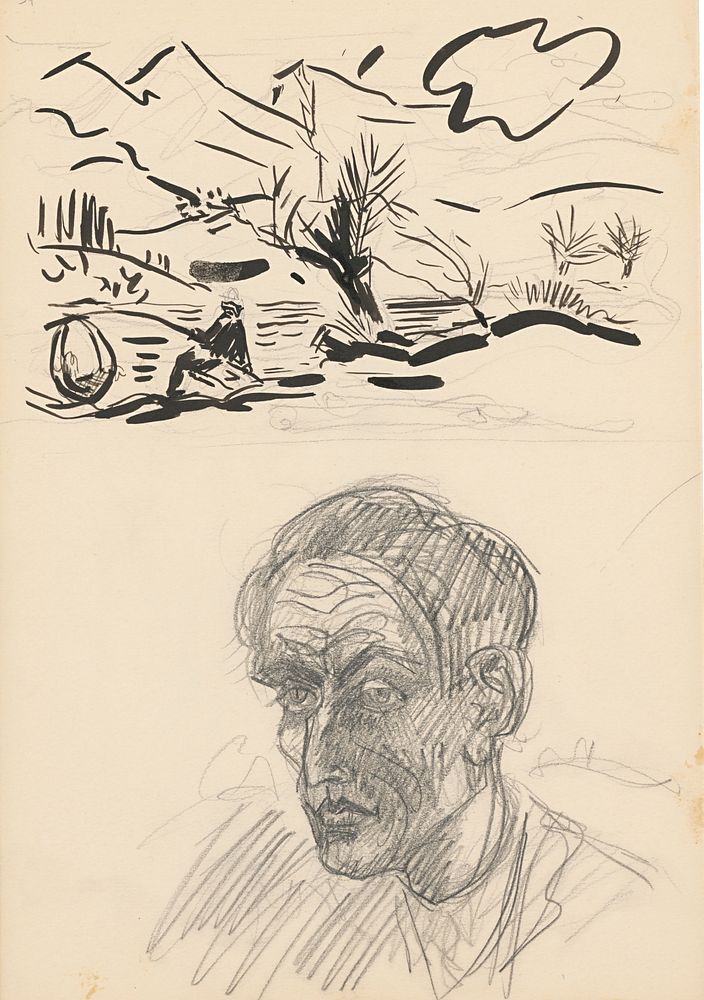 Sketchbook 19 self-portrait and a landscape with a fisherman by Arnold Peter Weisz Kubínčan