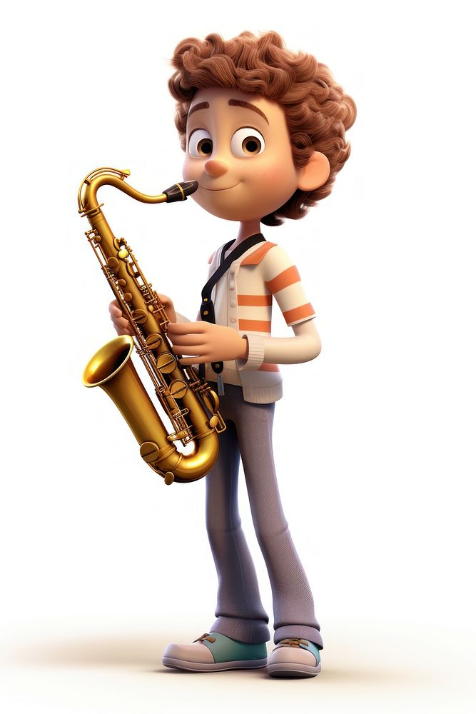 Boy play saxophone cartoon white background saxophonist. AI generated Image by rawpixel.