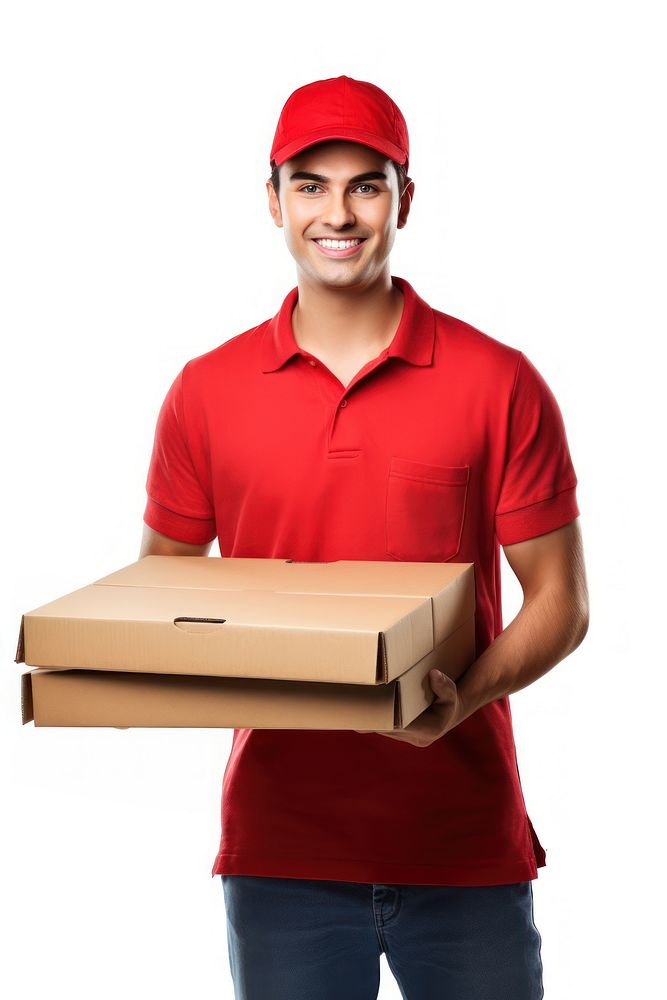 Guy holding pizza box cardboard adult white background. AI generated Image by rawpixel.