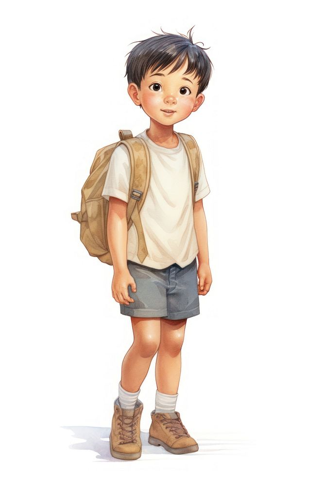 Asian kid wearing student backpack shorts child. AI generated Image by rawpixel.