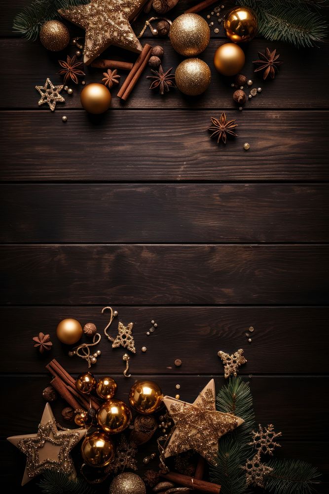 Christmas decorations brown wood illuminated. AI generated Image by rawpixel.