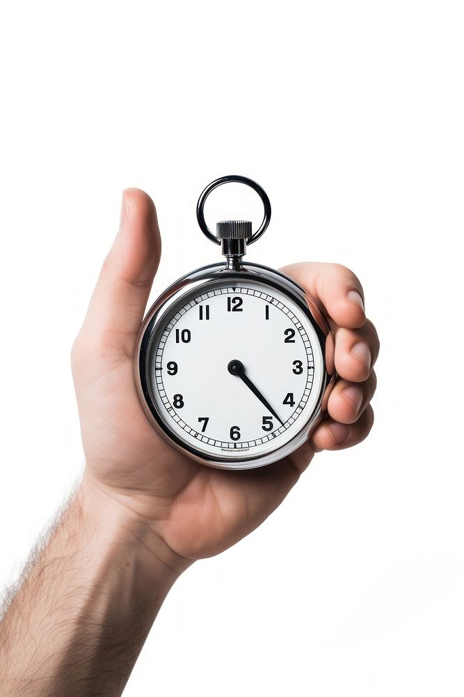 Holding stopwatch clock hand white background. AI generated Image by rawpixel.