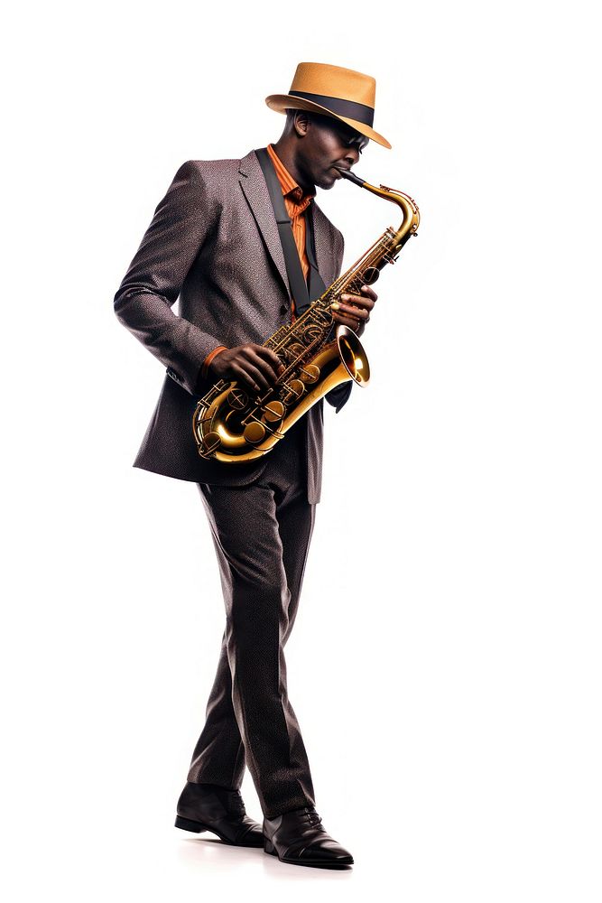 A jazz person playing saxophone adult horn white background. AI generated Image by rawpixel.
