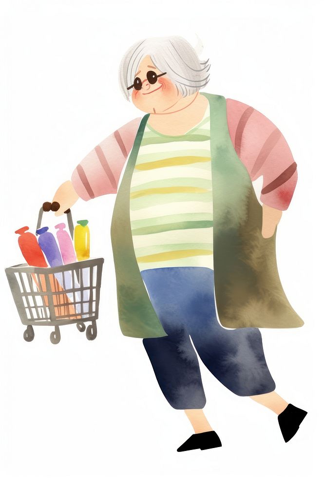 Chubby old woman shopping drawing white background consumerism. AI generated Image by rawpixel.