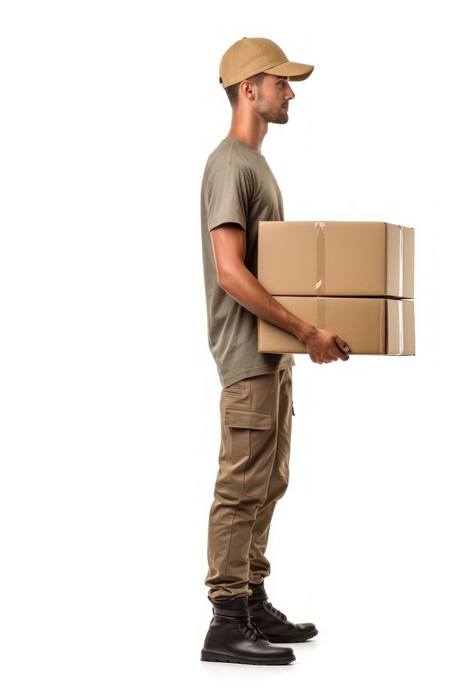 Deliveryman holding heavy boxs fullbody cardboard white background delivering. AI generated Image by rawpixel.