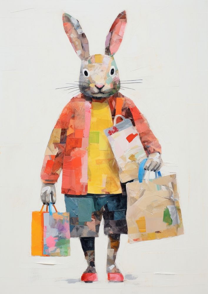 Happy rabbit wearing sweater carrying shopping bags art painting drawing. AI generated Image by rawpixel.