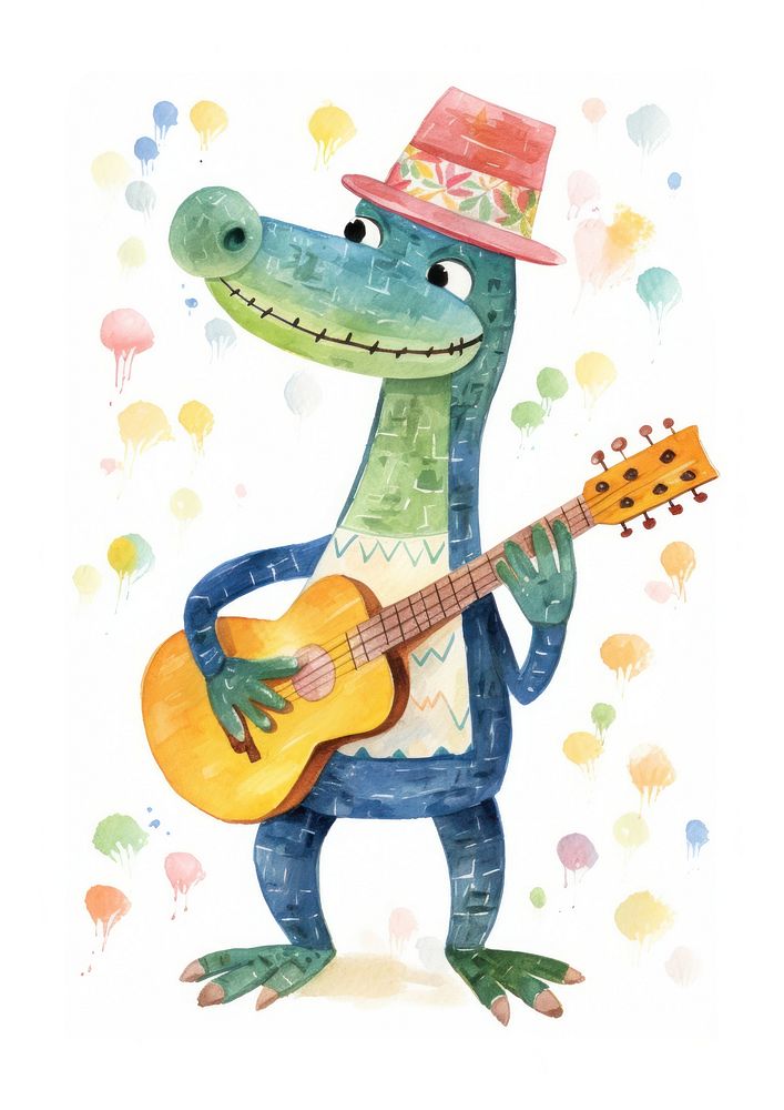 Cheerful crocodile characther playing instrument guitar art representation. AI generated Image by rawpixel.