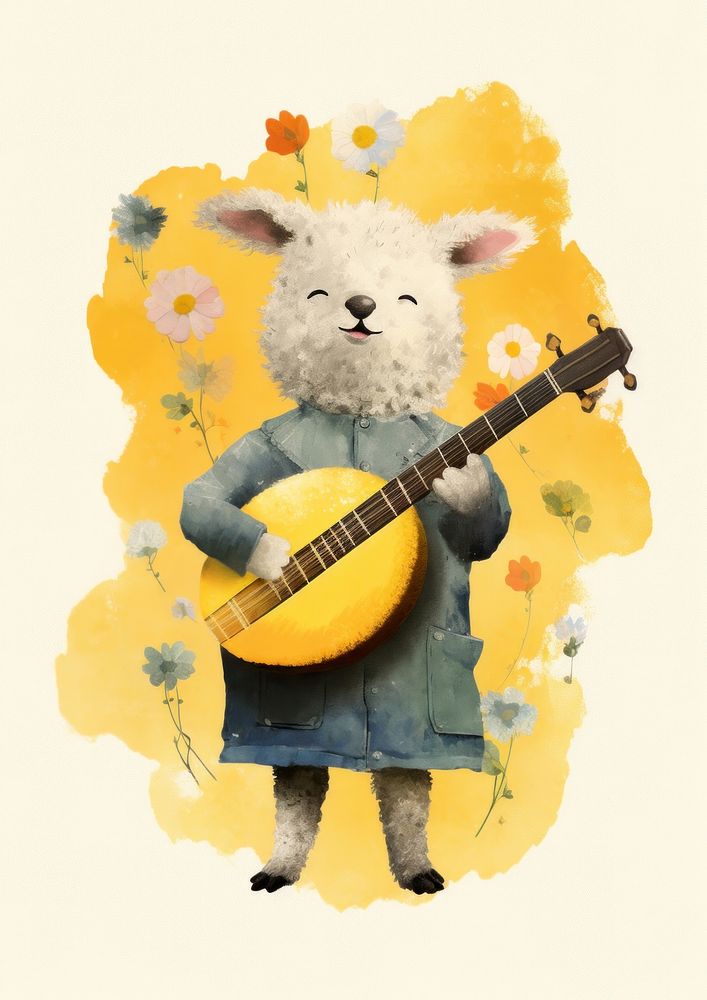 Cheerful sheep character playing banjo guitar cute toy. AI generated Image by rawpixel.