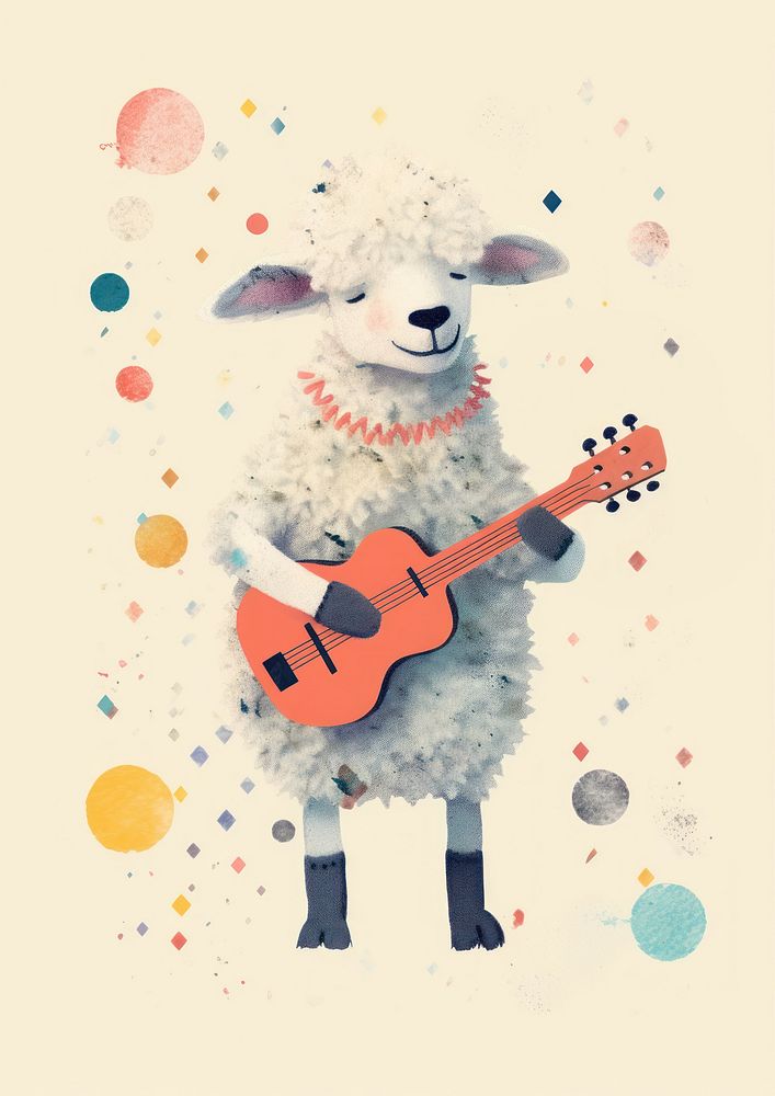 Cheerful sheep character playing guitar mammal art representation. AI generated Image by rawpixel.