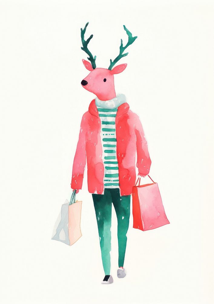 Rendeer wearing christmas scarf carrying shopping bag mammal art white background. AI generated Image by rawpixel.