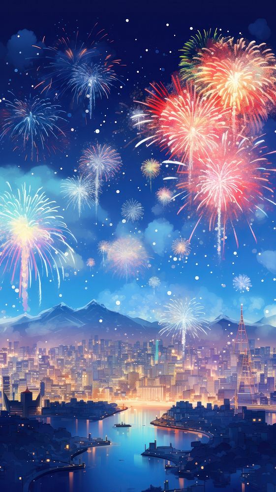 Fireworks mobile wallpaper architecture cityscape outdoors. AI generated Image by rawpixel.