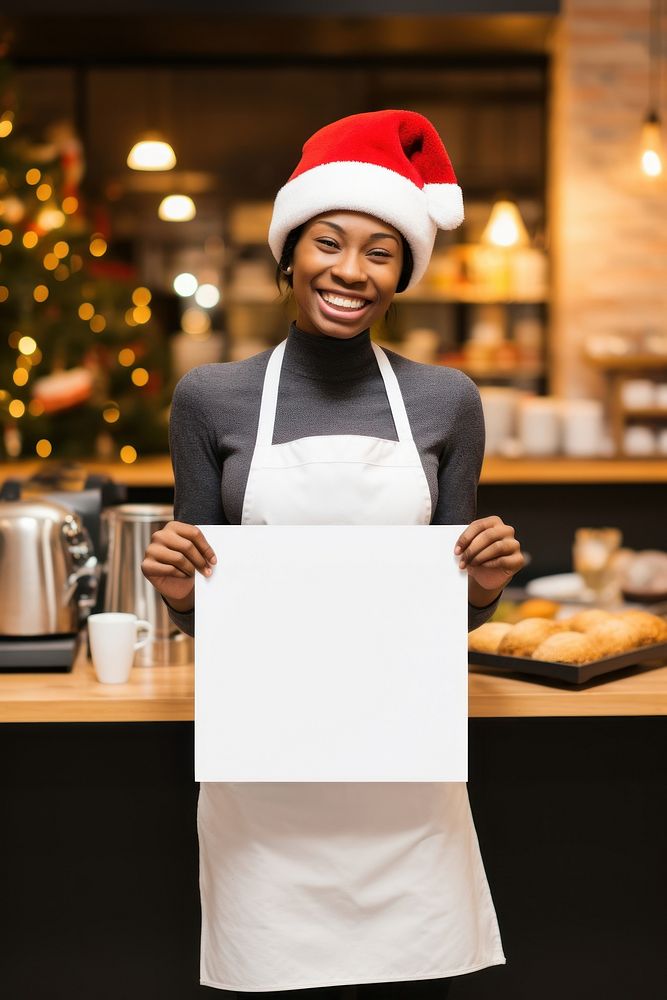 Barista wearing santa hat holding apron entrepreneur. AI generated Image by rawpixel.