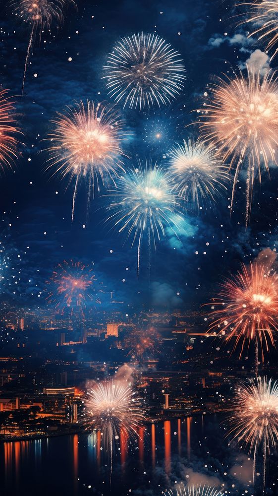 New year fireworks mobile wallpaper architecture cityscape outdoors. AI generated Image by rawpixel.