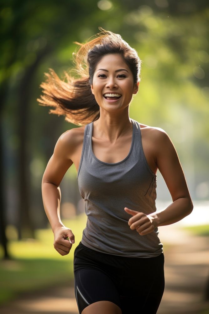 Thai woman running jogging adult happy. AI generated Image by rawpixel.
