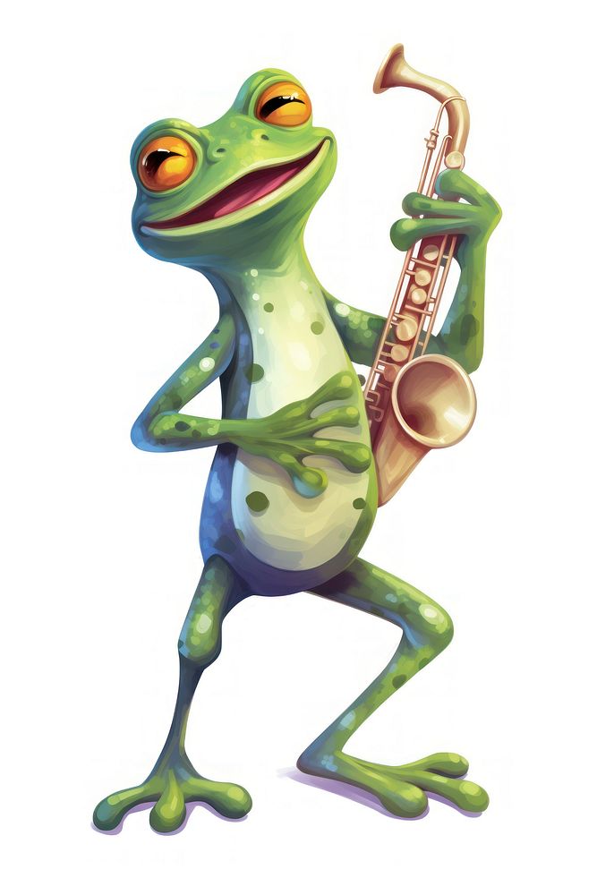 A cartoon frog playing saxophone amphibian animal white background. 