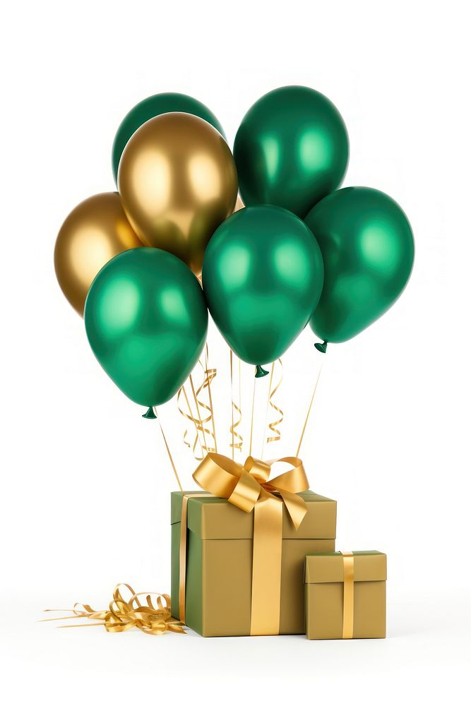 Balloons behind gift box green gold white background. AI generated Image by rawpixel.