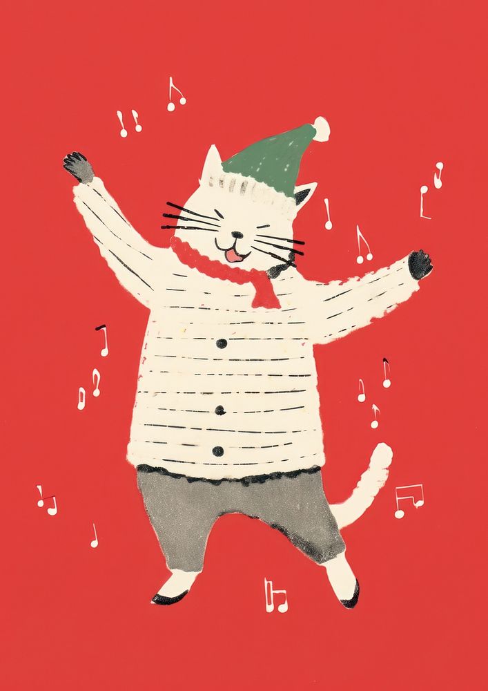 A Happy dancing cat celebrating Christmas wearing Santa hat art representation advertisement. AI generated Image by rawpixel.