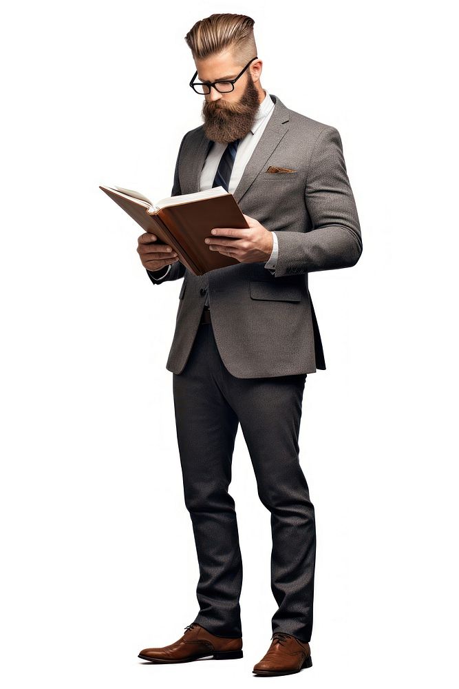 Serious bearded businessman reading notebook standing adult white background. AI generated Image by rawpixel.