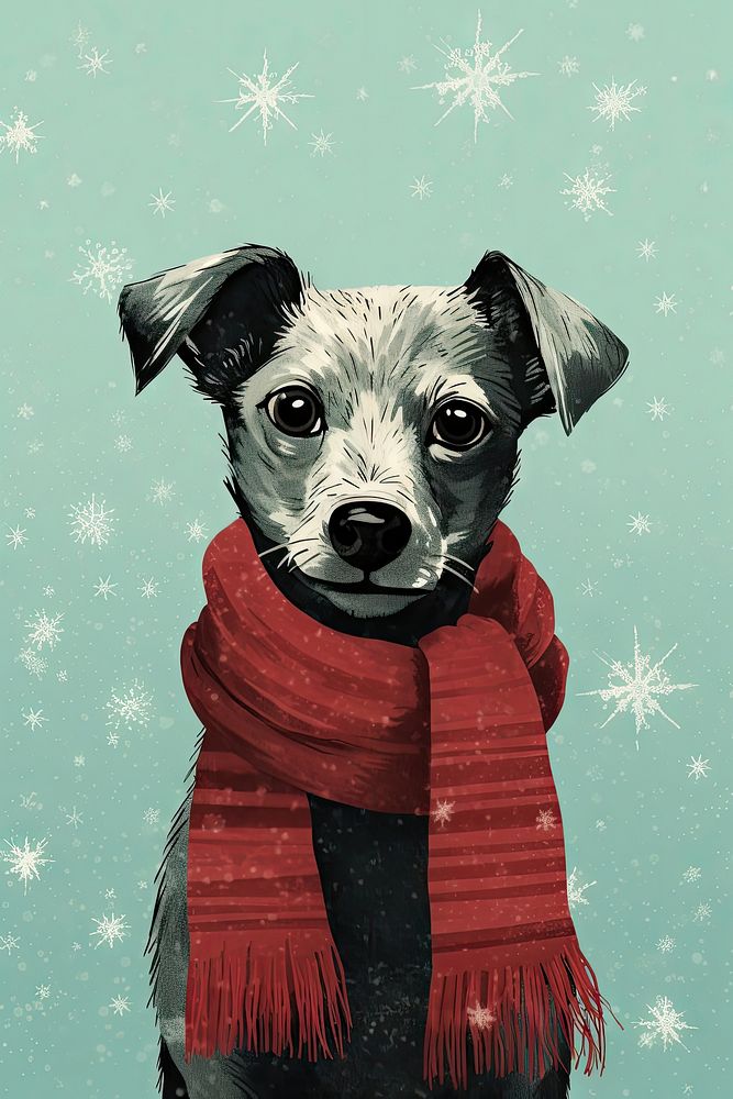 Dog wearing christmas scarf portrait drawing mammal. AI generated Image by rawpixel.