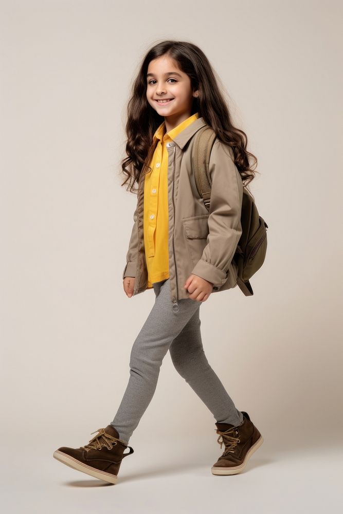 A happy girl student kid footwear jacket khaki. AI generated Image by rawpixel.