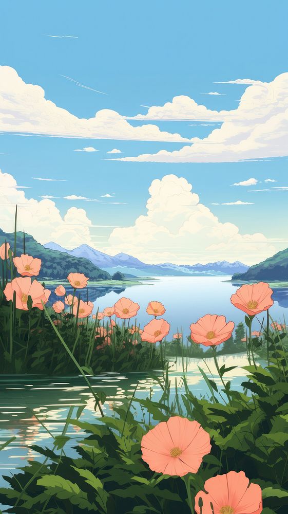 Flower landscape outdoors painting. AI generated Image by rawpixel.