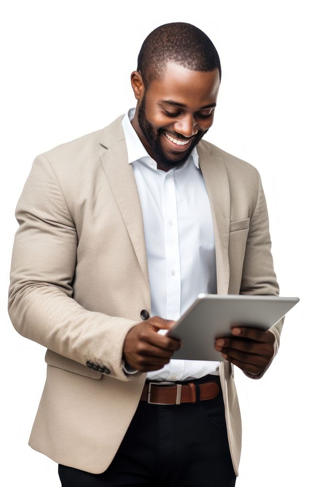 Smiling African American working computer white background tablet computer. AI generated Image by rawpixel.