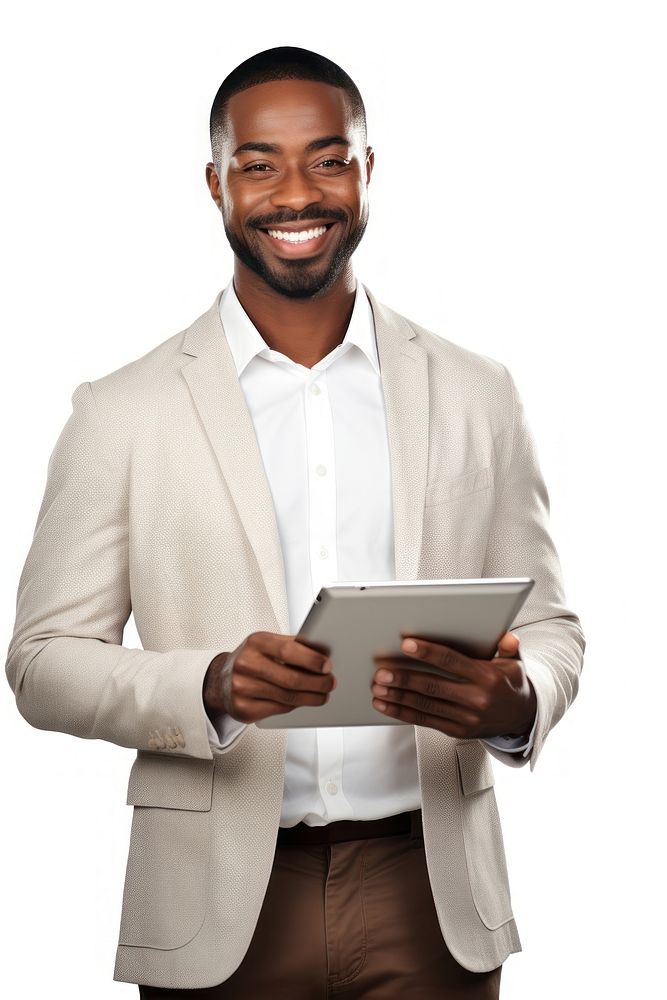 Smiling African American working computer adult white background. AI generated Image by rawpixel.