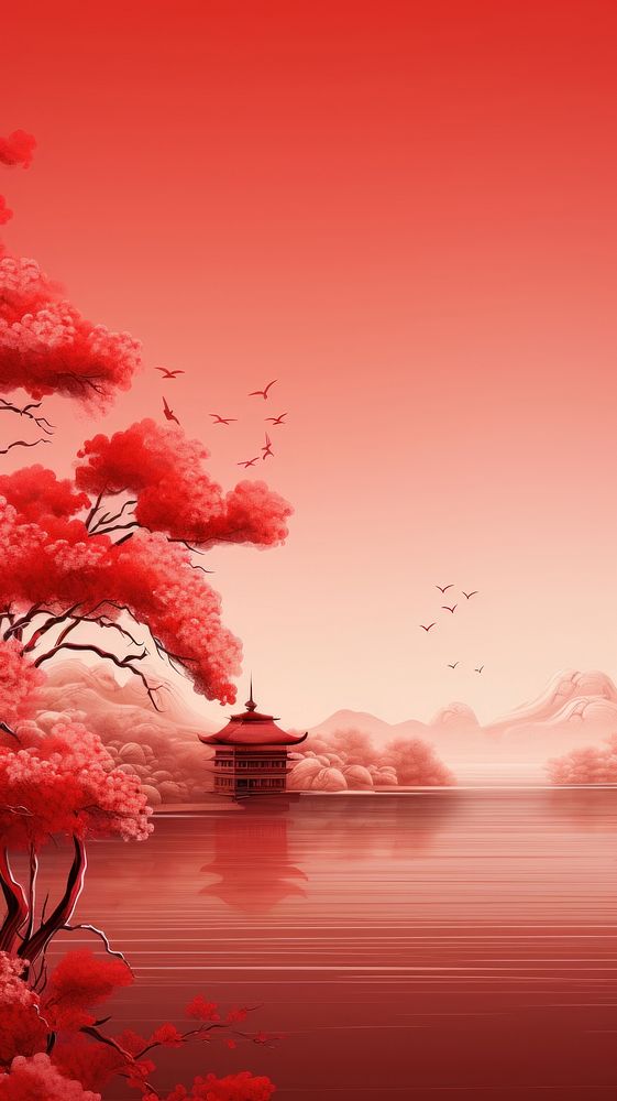 Chinese art red architecture tranquility. AI generated Image by rawpixel.