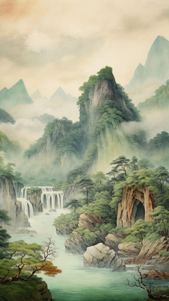 Painting wilderness landscape waterfall. AI generated Image by rawpixel.