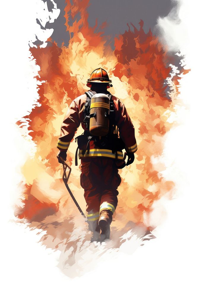 Firefighter walking through fire adult extinguishing protection. AI generated Image by rawpixel.