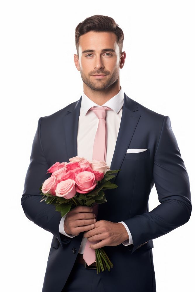 A man holding a rose bouquet tuxedo flower adult. AI generated Image by rawpixel.