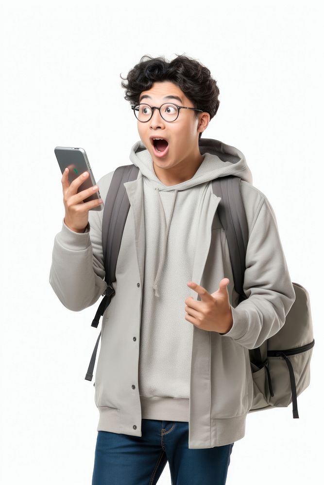 Surprised young Asian student surprised glasses holding. AI generated Image by rawpixel.